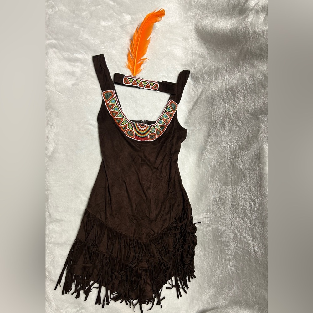 Women’s dreamgirl Pocahottie Costume beaded Brown micro Suede fringe dress large